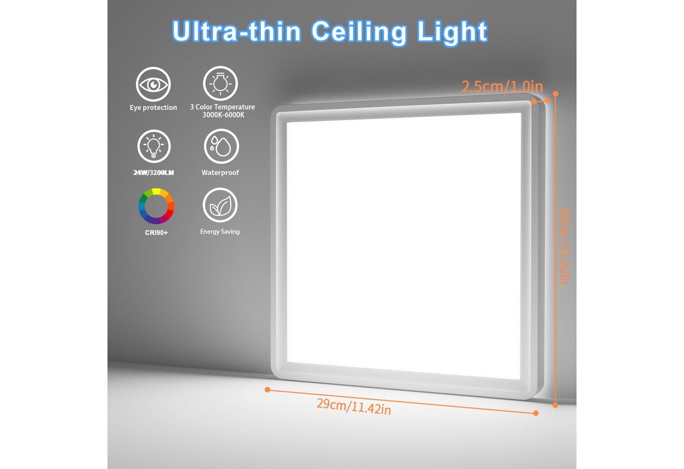 POPOLIC LED Deckenleuchte Deckenlampe 3200LM Modern LED Decklit, 3Farben - 3000K/4000K/6000K, Quadrat Flach Modern Schlafzimmer Lampe, IP54 Wasserfest, Ø30cm – Bild 5 von 5