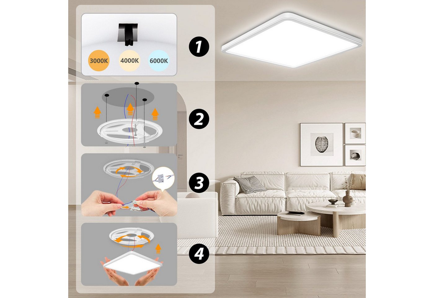 POPOLIC LED Deckenleuchte Quadrat Flach Ø30cm, 3200 Lumen, IP54 spritzwassergeschützt, 3-stufige Farbtemperatur (3000K/4000K/6000K), für Wohnzimmer, Schlafzimme – Bild 3 von 5