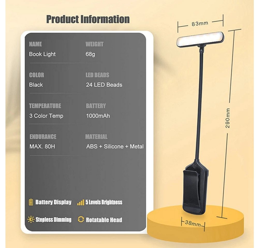 POPOLIC LED Leselampe Leselampe Buch Klemme, USB Wiederaufladbare Buchlampe mit 24 LEDs, 3 Farbtemperatur Modi, Bernsteinlicht, Mischlicht, Weißlicht, 5 Helligk – Bild 4 von 5
