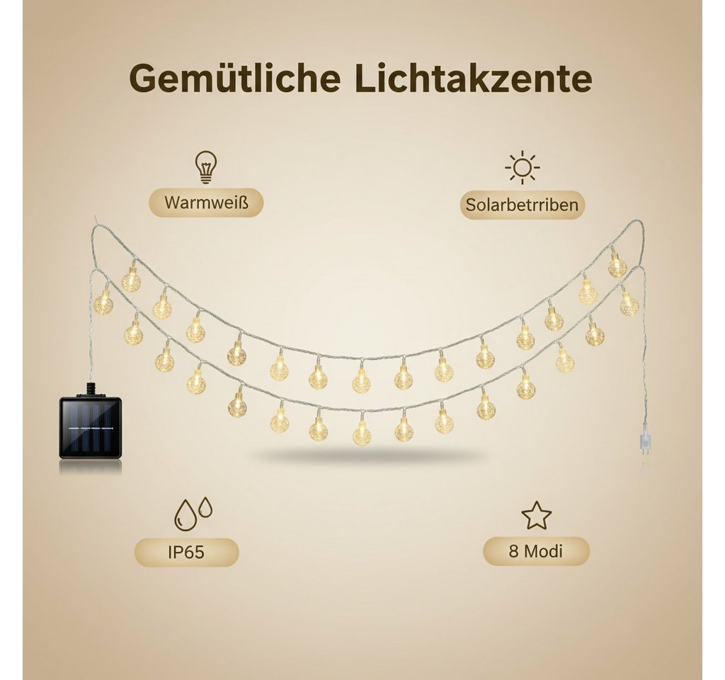 POPOLIC LED-Lichterkette Solar-LED-Lichterkette, 12 m, 100 LEDs, mit Fernbedienung – Bild 3 von 5