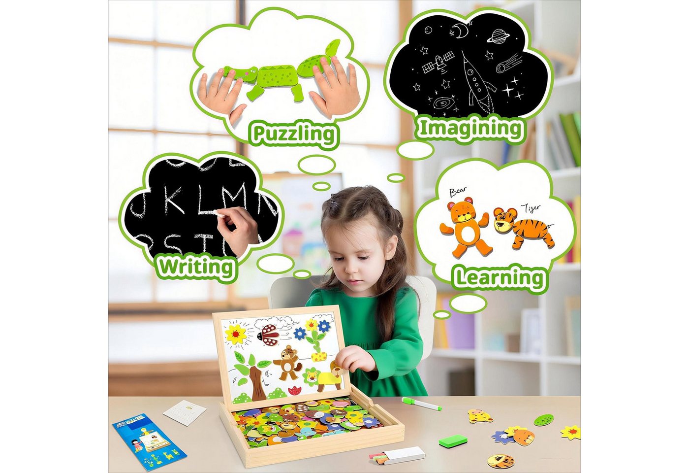 POPOLIC Magnetspiel Spielzeug, Magnettafel Kinder Kinderspielzeug ab 3 Jahre Magnetspielbausteine, (Holzpuzzles mit Doppelseitiger Tafel, 1 St., Pädagogische El – Bild 4 von 5