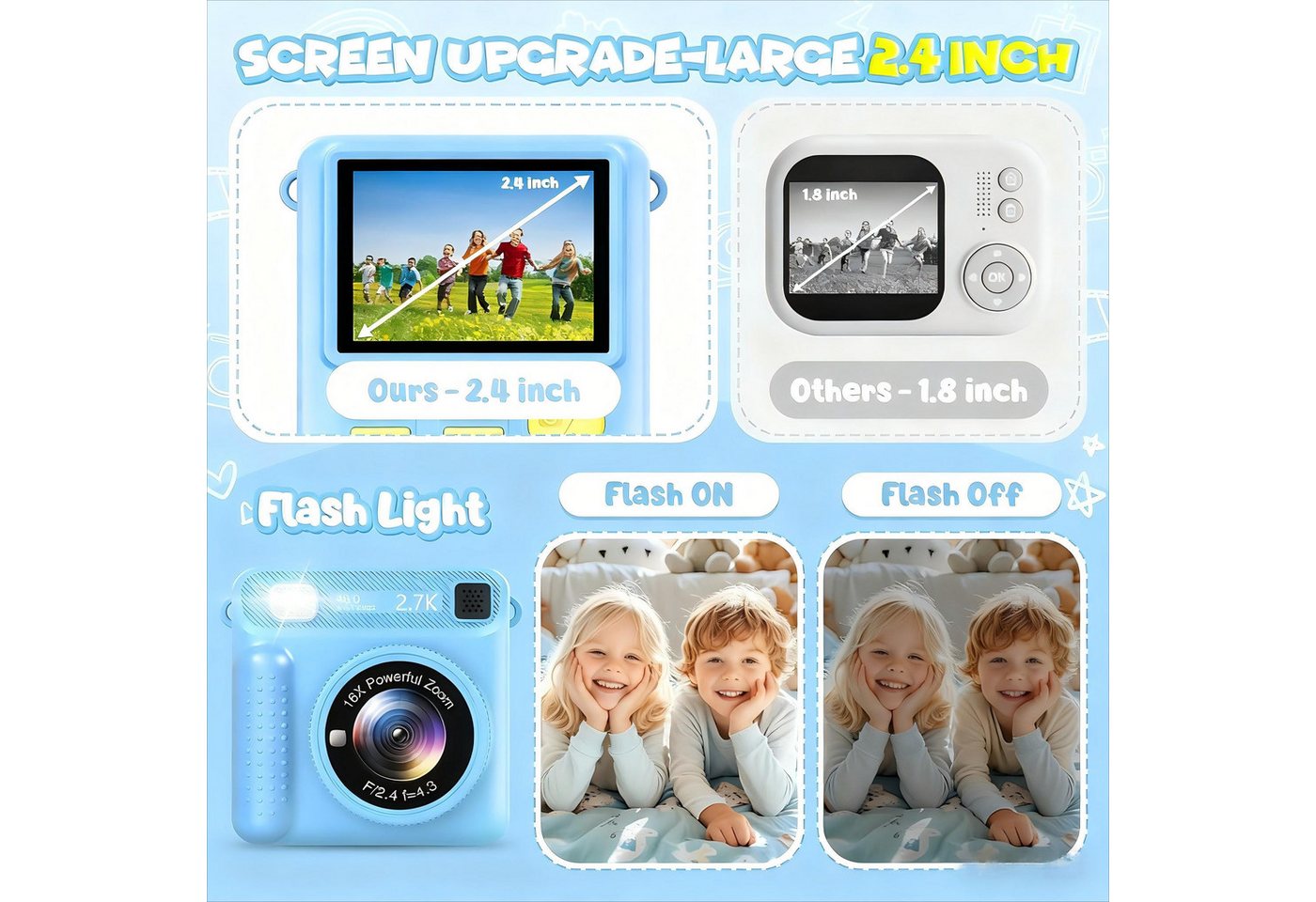 POPOLIC Sofortbildkamera Kinder, 1080P 2,4 Zoll Bildschirm KinderKamera Kinderkamera (inkl. mit 32G Karte & Druckpapier, Kinderspielzeug Geburtstag, Weihnachten – Bild 4 von 5