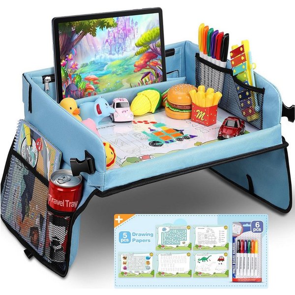 POPOLIC Spieltisch Kinder Knietablett Reisetisch,BeschäFtigung Autofahrt Kinder, Tragbar Tablett, Einstellbar Kindersitz, Autositz für Kinder