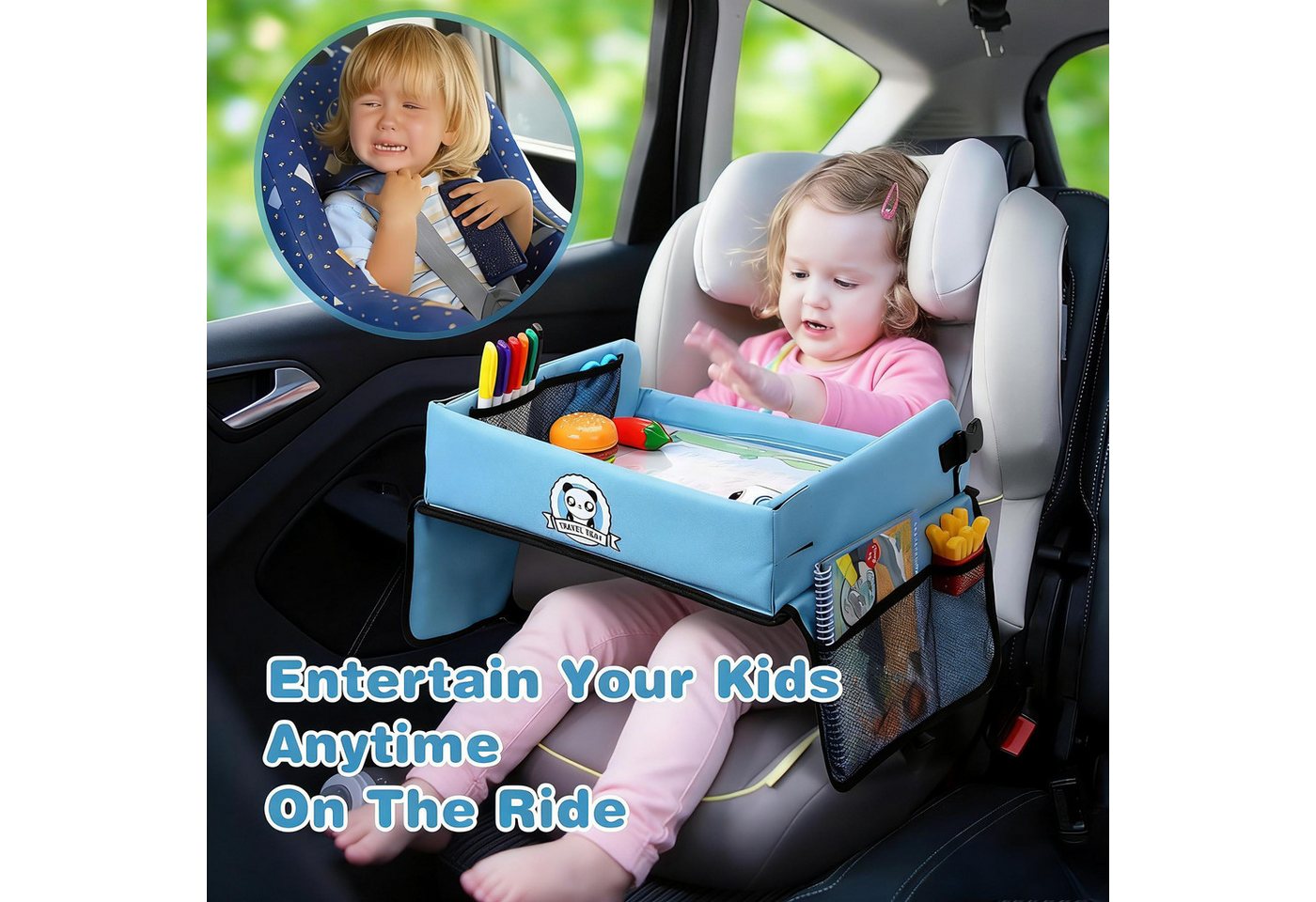 POPOLIC Spieltisch Kinder Knietablett Reisetisch,BeschäFtigung Autofahrt Kinder, Tragbar Tablett, Einstellbar Kindersitz, Autositz für Kinder – Bild 2 von 5
