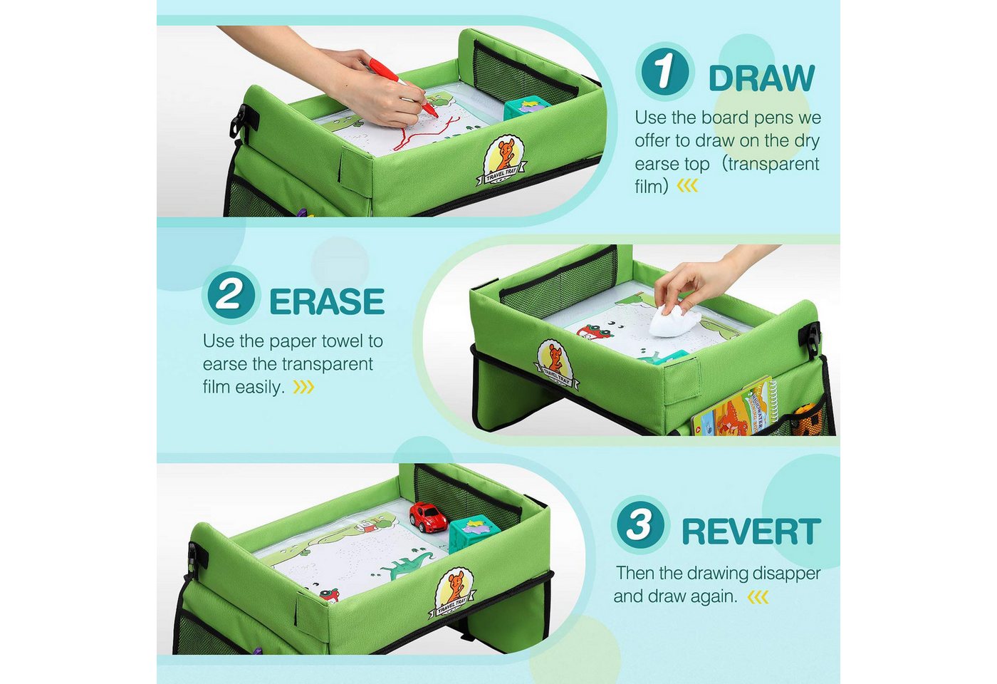 POPOLIC Spieltisch Reisetisch Auto Kinder, BeschäFtigung Autofahrt Kinder(Grün), (Spiele für Autofahrt Kinder, Reise Gadgets, Auto Organizer Kinder, 1-tlg), Aut – Bild 2 von 5