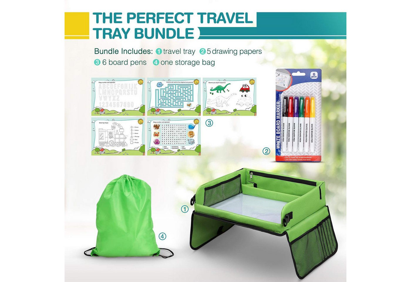 POPOLIC Spieltisch Reisetisch Auto Kinder, BeschäFtigung Autofahrt Kinder(Grün), (Spiele für Autofahrt Kinder, Reise Gadgets, Auto Organizer Kinder, 1-tlg), Aut – Bild 3 von 5