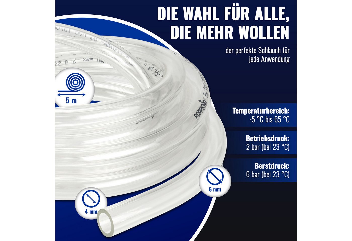 Poppstar Aquariumschlauch, 5m PVC Schlauch Transparent (ID/AD 4/6mm, max. 2 bar) – Bild 2 von 5