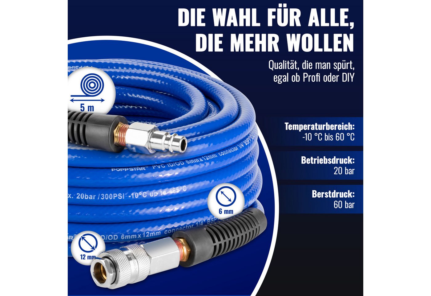 Poppstar Druckluftschlauch, 5m PVC Druckluftschlauch mit Schnellkupplung (ID/AD 6/12mm) – Bild 2 von 5