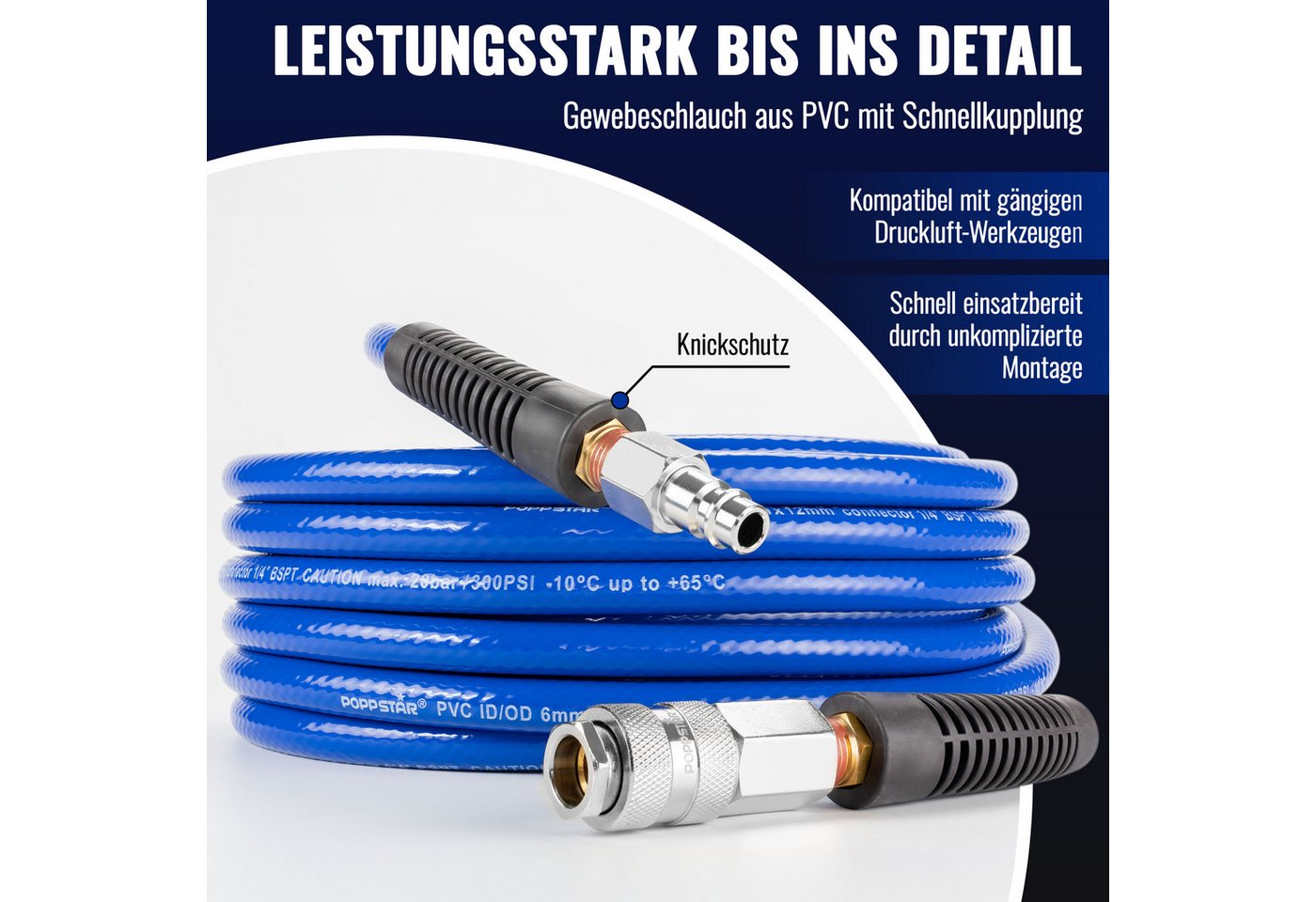 Poppstar Druckluftschlauch, 5m PVC Druckluftschlauch mit Schnellkupplung (ID/AD 6/12mm) – Bild 4 von 5