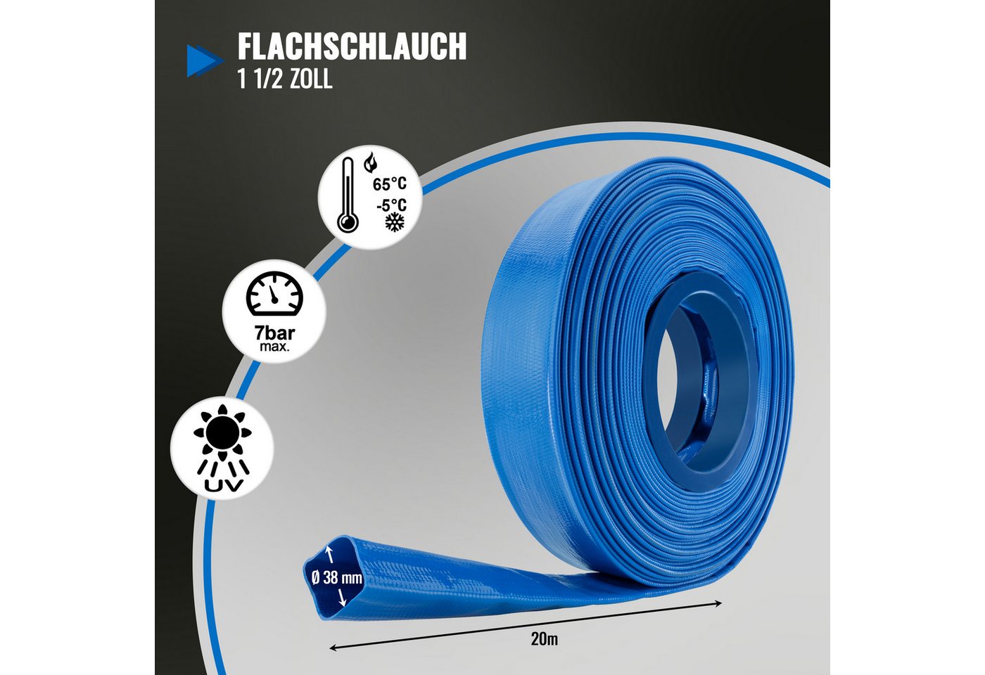 Poppstar Gartenschlauch, PVC Flachschlauch 20m, Ø 38mm (1 1/2 Zoll), 7 bar, blau – Bild 2 von 5
