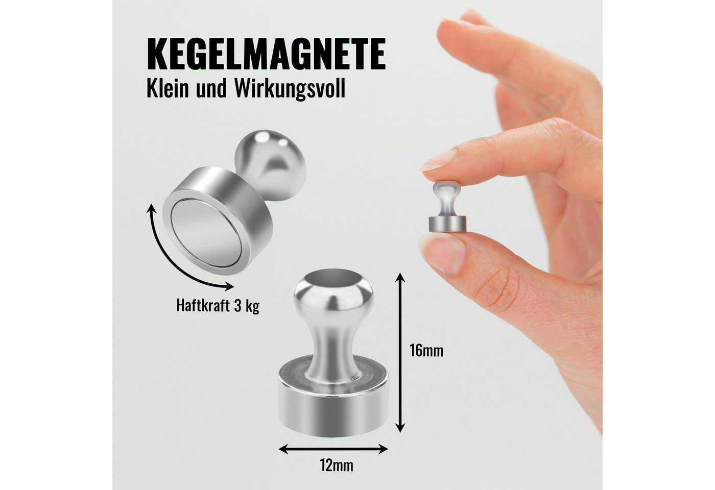 Poppstar Magnethalter (24-St), Poppstar 24x Kegelmagnet (12x16mm, stark, Haftkraft 1 Kg), silbern – Bild 2 von 5