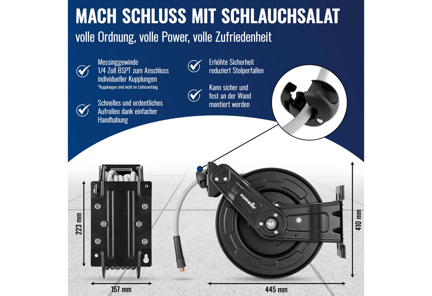 Poppstar Schlauchtrommel, (Premium Druckluft Schlauchaufroller aus Stahl), Automatik Druckluft Schlauchtrommel aus Stahl, 15m Druckluftschlauch – Bild 2 von 5