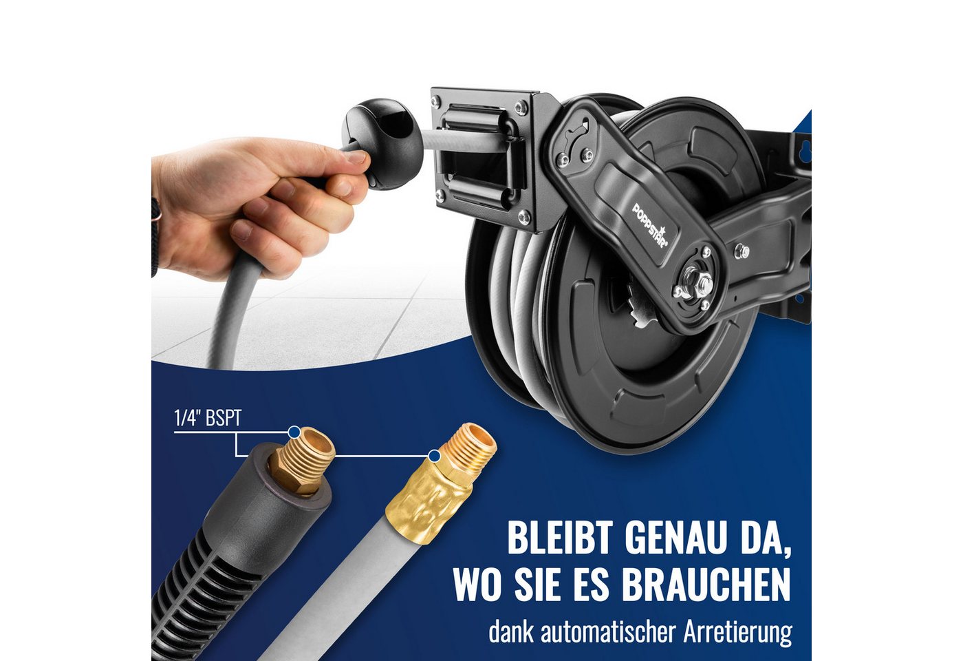 Poppstar Schlauchtrommel, (Premium Druckluft Schlauchaufroller aus Stahl), Automatik Druckluft Schlauchtrommel aus Stahl, 15m Druckluftschlauch – Bild 5 von 5