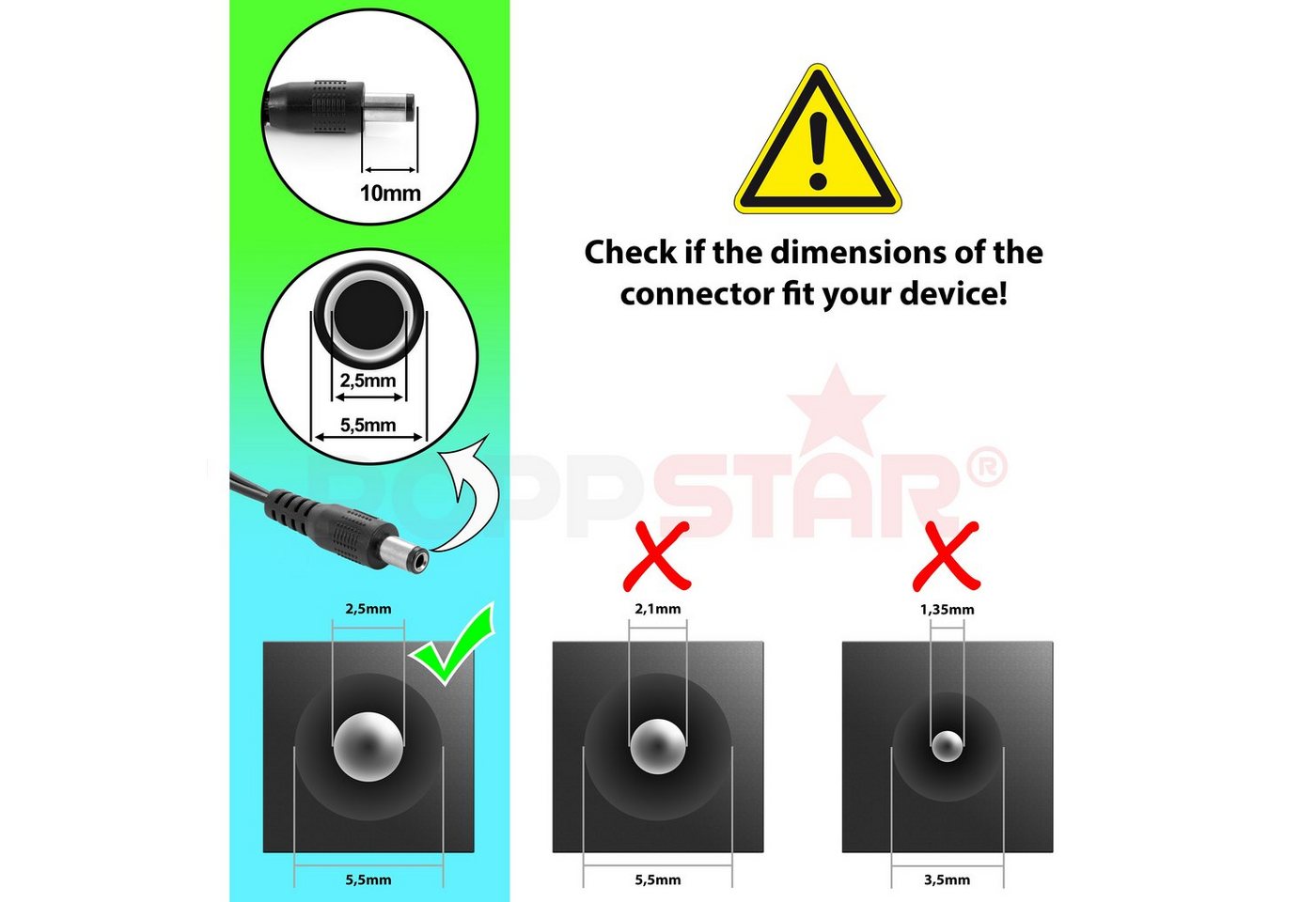 Poppstar Universal AC DC Netzteil Steckernetzteil 12V 2A (2000mA, 5,5/2,5mm) Universal-Netzteil (Strom-Adapter für externe Festplattengehäuse, Dockingstation) – Bild 2 von 2
