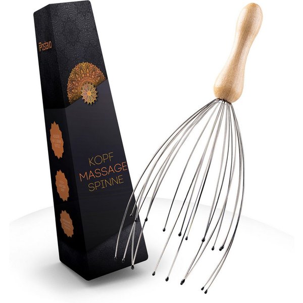 Postavo Massagegerät Kopf Spinne - Kopfmassagegerät mit 20 Fingern & Holz- & Edelstahlgriff, durchblutungsfördernd, ergonomisch, 2 Massageebenen