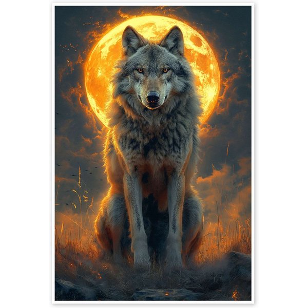 Posterlounge Wandbild Majestätischer Wolf unter einem feurigen Mond, Michael artefacti, erhältlich als Poster, Leinwandbild, Wandsticker oder Acrylglasbild