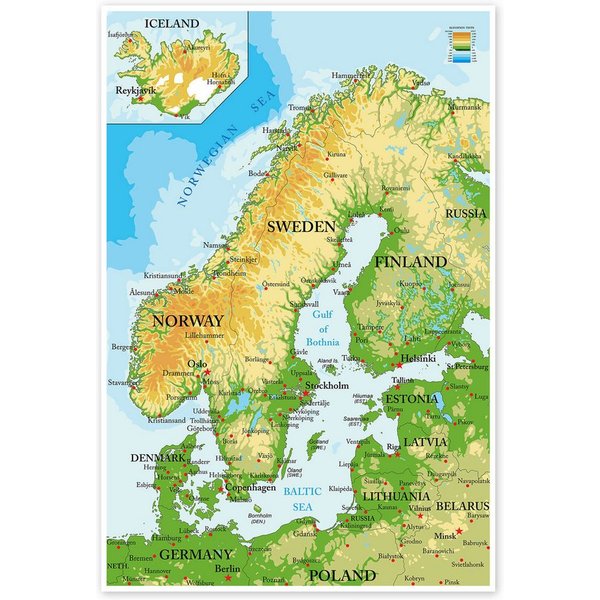 Posterlounge Wandbild Skandinavien - Karte, Editors Choice, erhältlich als Poster, Leinwandbild, Wandsticker oder Acrylglasbild