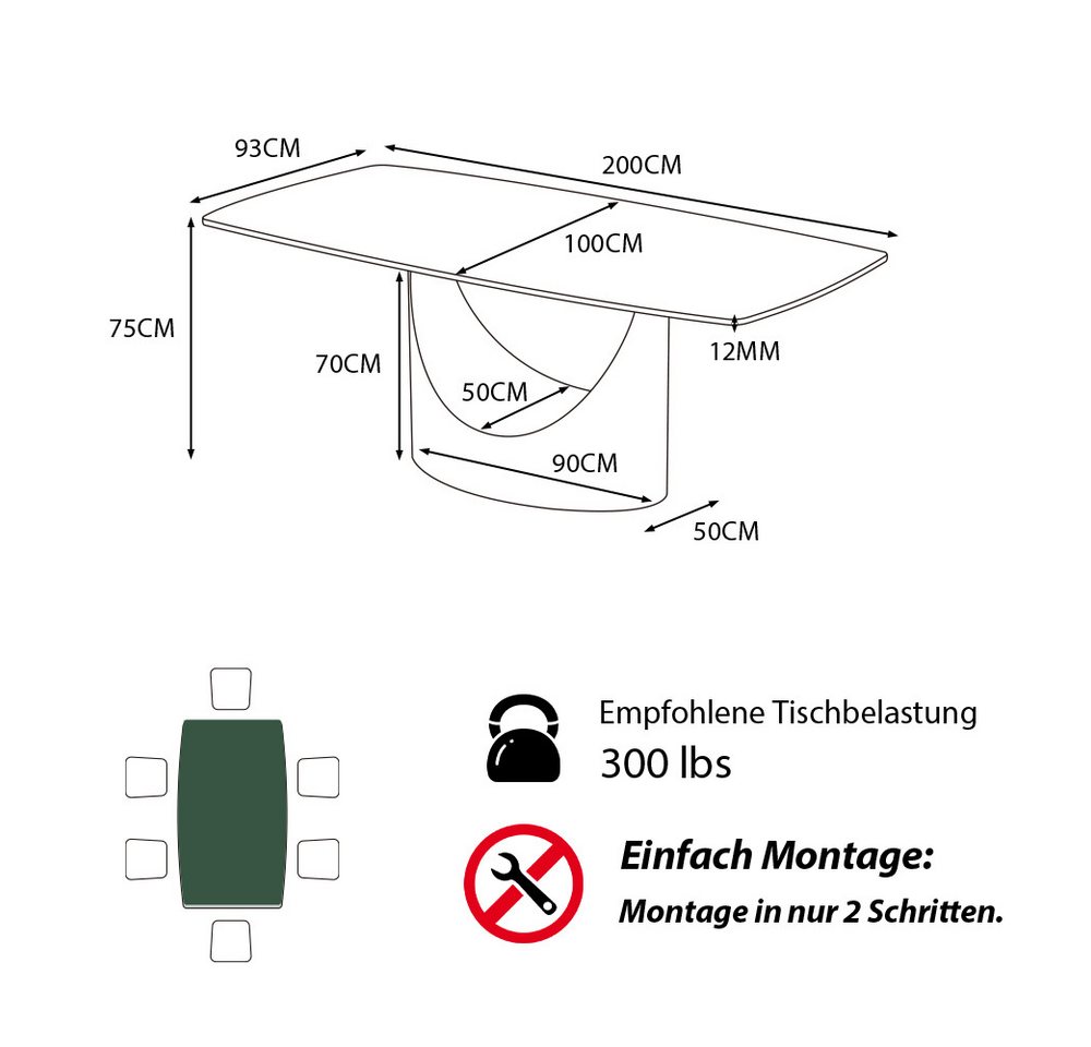 POVISON Esstisch mit U-Form Beine, Esszimmertisch aus Sinterstein, rechteckig (1-St., ohne Stühle), Moderne Esstisch für 6-8 Personen – Bild 2 von 5