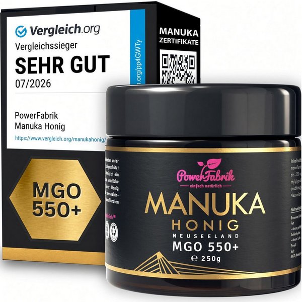 PowerFabrik Honig Manuka Honig MGO 550+, 250g, Original aus Neuseeland, im Glas, HALAL, 1 x