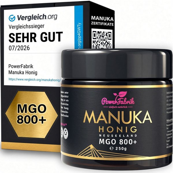PowerFabrik Honig Manuka Honig MGO 800+, 250g, Original aus Neuseeland, im Glas, HALAL, 1 x