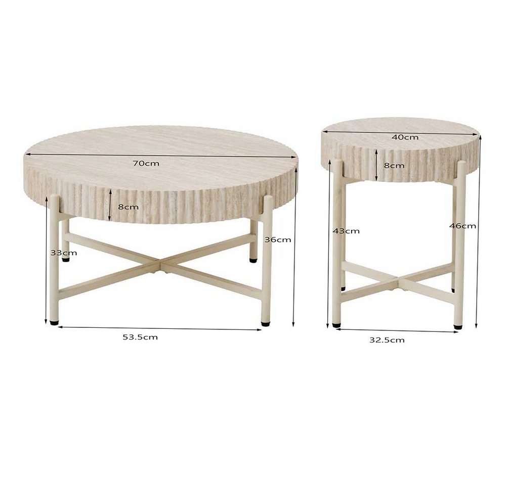 PPkrimnel Couchtisch Beistelltisch 2er-Set, Travertin-Optik, 70x36cm & 40x46cm (2-St), Metallrahmen für Wohnzimmer, Schlafzimmer und Büro – Bild 2 von 5