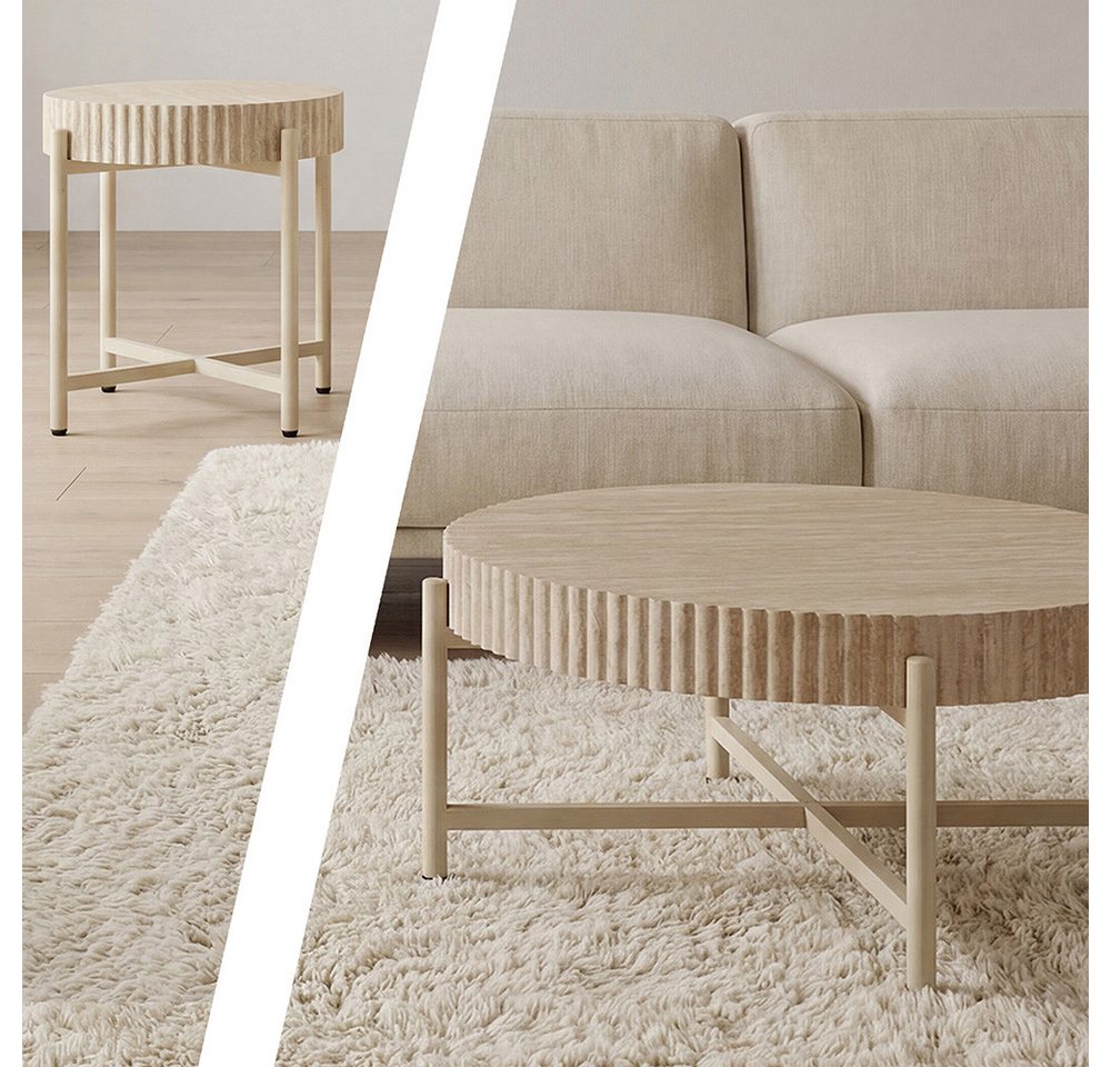 PPkrimnel Couchtisch Beistelltisch 2er-Set, Travertin-Optik, 70x36cm & 40x46cm (2-St), Metallrahmen für Wohnzimmer, Schlafzimmer und Büro – Bild 4 von 5