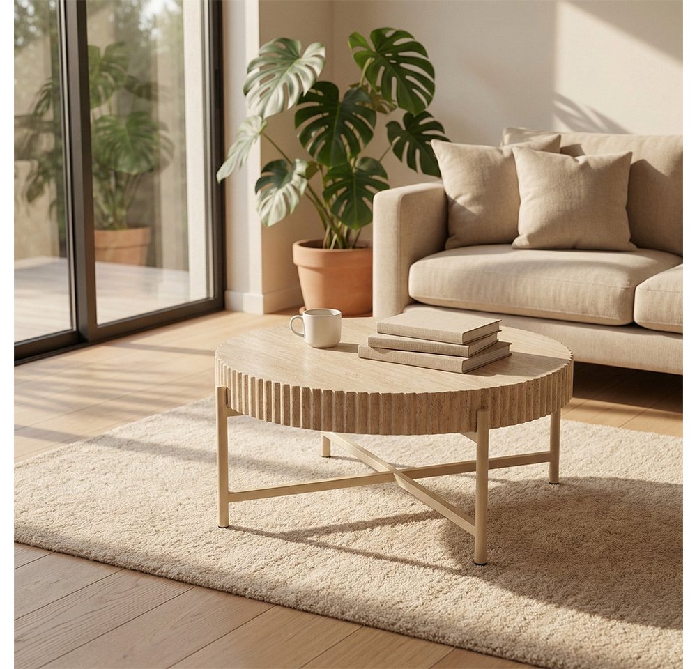 PPkrimnel Couchtisch Beistelltisch 2er-Set, Travertin-Optik, 70x36cm & 40x46cm (2-St), Metallrahmen für Wohnzimmer, Schlafzimmer und Büro – Bild 5 von 5