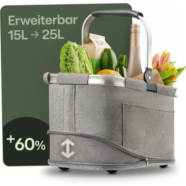 Praknu Einkaufskorb Einkaufskorb Faltbar – 2 in 1 Erweiterbar, Waschbarer Bezug, Tragekorb, 25 l, Stabil mit Alurahmen & Verstärktem Boden – Extra Fächer innen 