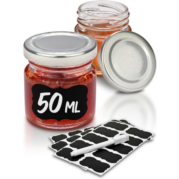 Praknu Einmachglas 24 Mini Gläser 50ml mit Deckel, Etiketten - Luftdichte Gläschen zum, Glas, (Set, 25-tlg), Mit Etiketten & Stift - Luftdicht - Spülmaschinenfe