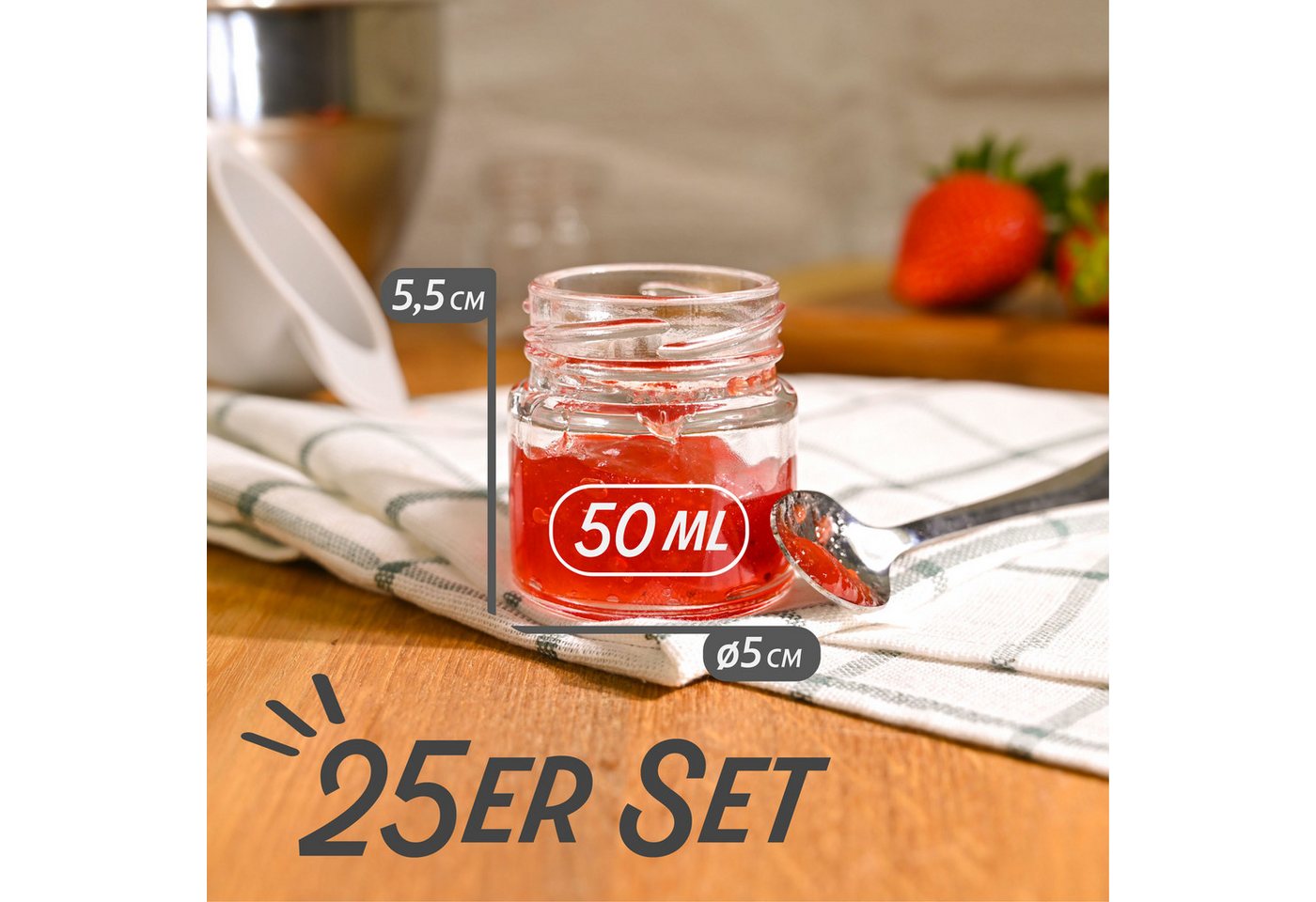 Praknu Einmachglas 24 Mini Gläser 50ml mit Deckel, Etiketten - Luftdichte Gläschen zum, Glas, (Set, 25-tlg), Mit Etiketten & Stift - Luftdicht - Spülmaschinenfe – Bild 3 von 5