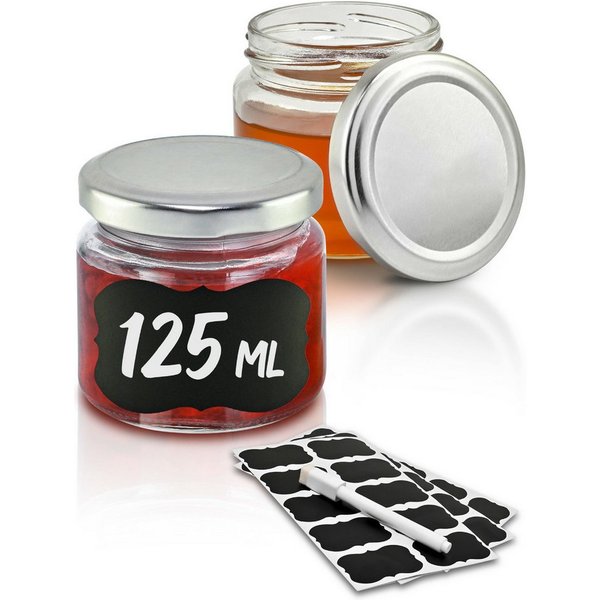 Praknu Einmachglas 25 Marmeladengläser Klein 125ml - Mit Etiketten & Stift - Luftdicht, Glas, (Set, 25-tlg., 25 Einkochgläser, 25 Etiketten, Stift zum Beschrift
