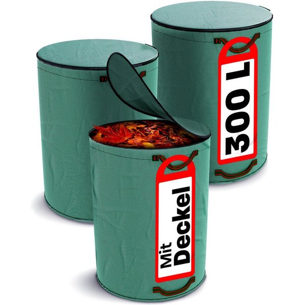 Praknu Gartenbox 3x Gartenabfallsack Stabil 300 Liter - Deckel - Laubsack mit 4 Griffen (3er Set, 3 St., 3x Gartenabfallsack 300L mit Deckel, 4 Griffe, PP 150g/