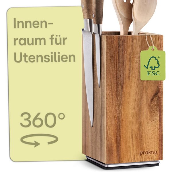 Praknu Magnet-Messerblock Messerblock ohne Messer Holz – Messerhalter magnetisch & 360° drehbar (1tlg), Beidseitiger Magnet, FSC®-Akazienholz, rutschfest, 22 cm
