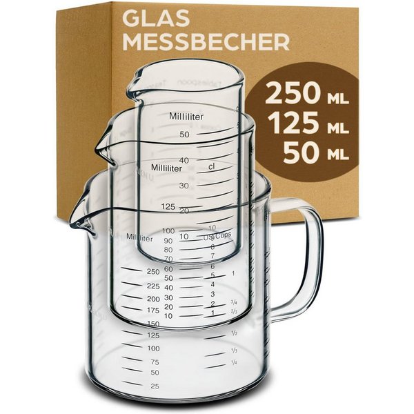 Praknu Messbecher Glas Messbecher mit Ausguss - 50ml, 125ml, 250ml - Präzise Skala