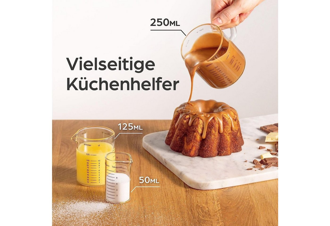 Praknu Messbecher Glas Messbecher mit Ausguss - 50ml, 125ml, 250ml - Präzise Skala – Bild 2 von 5