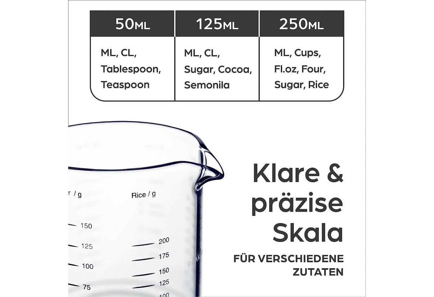 Praknu Messbecher Glas Messbecher mit Ausguss - 50ml, 125ml, 250ml - Präzise Skala – Bild 4 von 5
