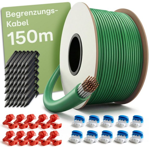 Praknu Rasenmähroboter Begrenzungskabel Mähroboter Set – Draht Erdnägel Verbinder Universal, (Komplettset, 150 m Draht, 150 Erdnägel, 10 blaue Gel- und 10 rote 