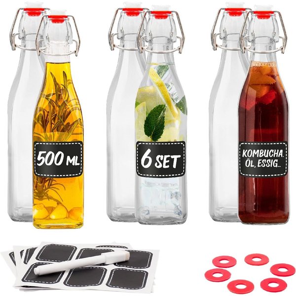 Praknu Trinkflasche 6er Set Glasflaschen 500ml Bügelverschluss Eckig - Bügelflaschen, Bügelverschluss Eckig - 6 Etiketten mit Stift und 6 Extra Dichtungen