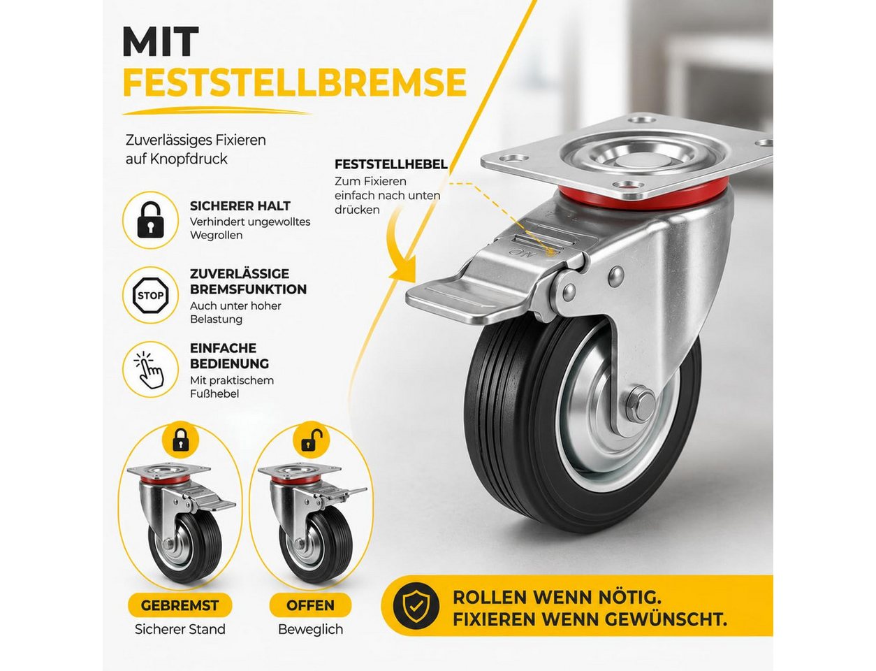 Praktikraft Schwerlastrolle 4 Lenkrollen, davon 2 mit Bremse, Ø 5, 7,5 oder 10 cm, (4er Set) – Bild 3 von 5