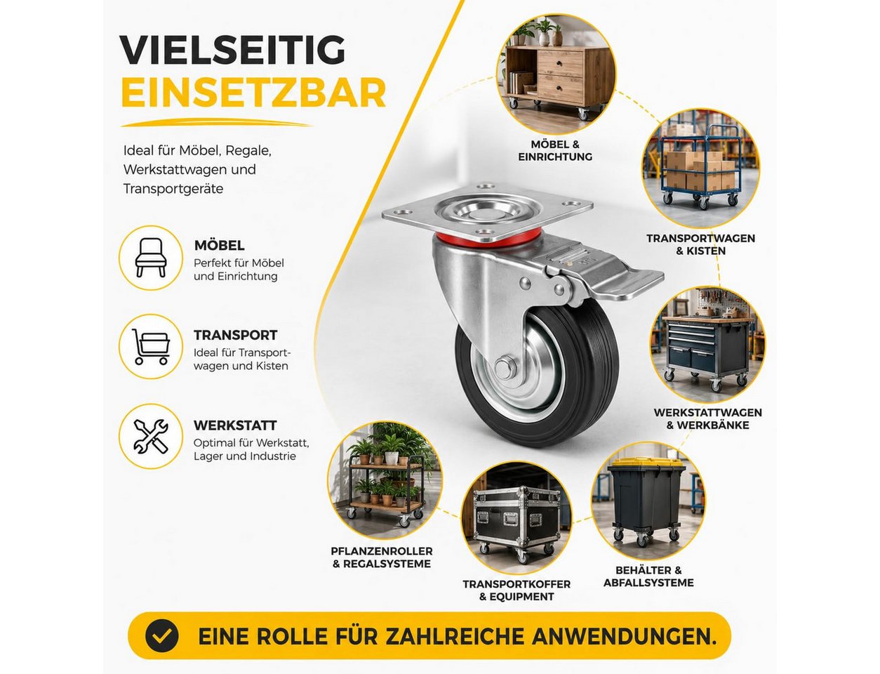 Praktikraft Schwerlastrolle 4 Lenkrollen, davon 2 mit Bremse, Ø 5, 7,5 oder 10 cm, (4er Set) – Bild 4 von 5