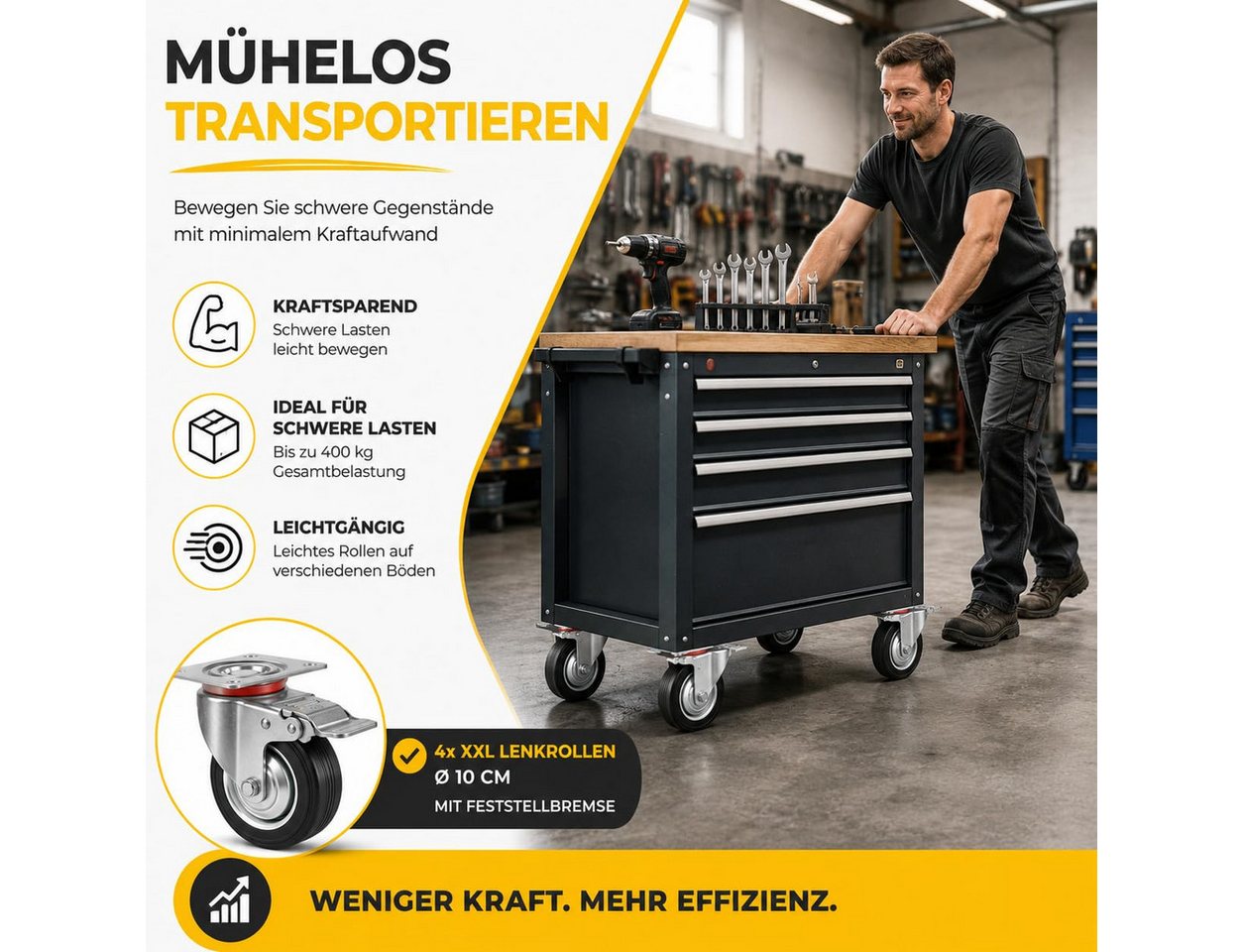 Praktikraft Schwerlastrolle 4 Lenkrollen, davon 2 mit Bremse, Ø 5, 7,5 oder 10 cm, (4er Set) – Bild 5 von 5