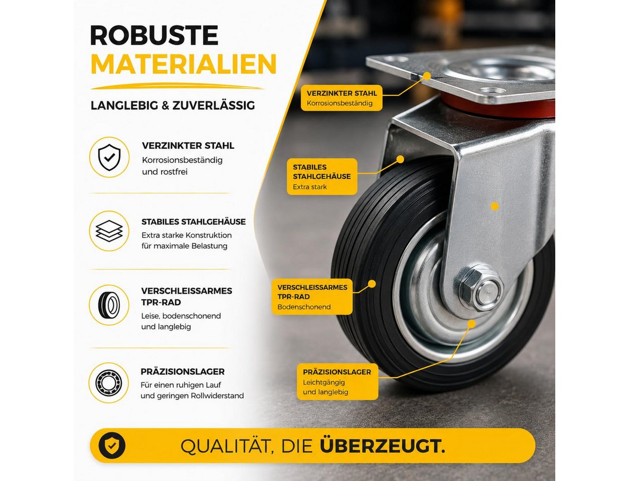 Praktikraft Schwerlastrolle 4 Lenkrollen, davon 2 mit Bremse, Ø 5, 7,5 oder 10 cm, (4er Set) – Bild 2 von 5