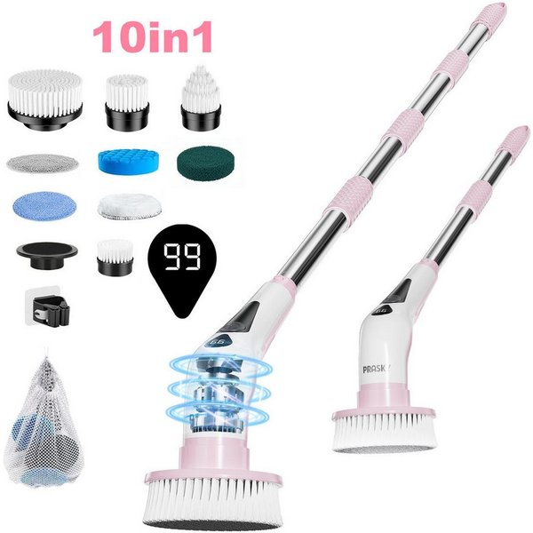 PRASKY Elektro-Oberflächenbürste Elektrische Reinigungsbürste IPX8 wasserdicht mit 9 Bürstenköpfen, Spar-Set, 1-tlg., IPX8 wasserdicht, 9 Bürstenköpfe, Mit 9 au
