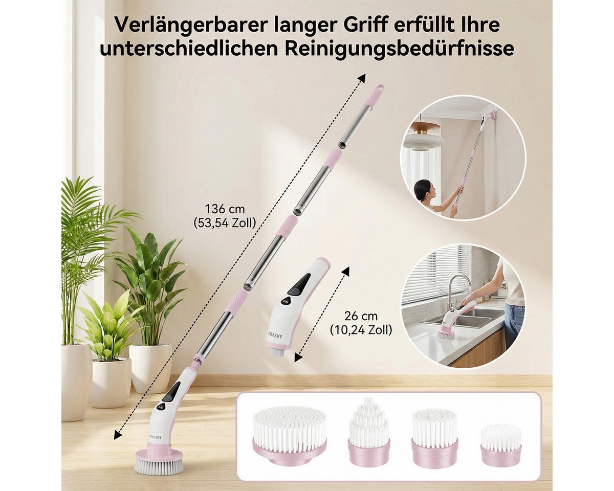 PRASKY Elektro-Oberflächenbürste Elektrische Reinigungsbürste mit 9 austauschbaren Bürstenköpfen, Mehrere abnehmbare Teile badebürste elektrisch, Teppichreinige – Bild 2 von 5
