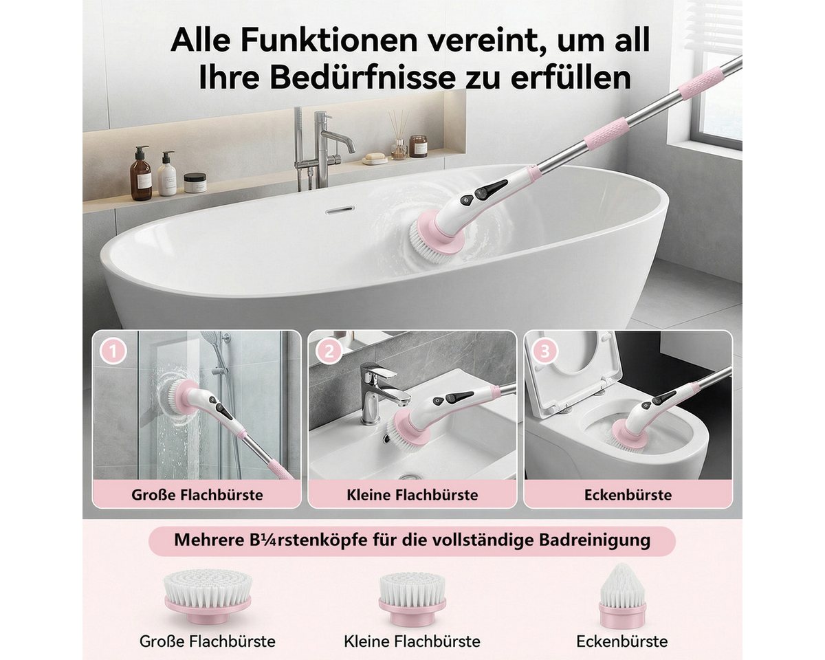 PRASKY Elektro-Oberflächenbürste Elektrische Reinigungsbürste mit 9 austauschbaren Bürstenköpfen, Mehrere abnehmbare Teile badebürste elektrisch, Teppichreinige – Bild 4 von 5