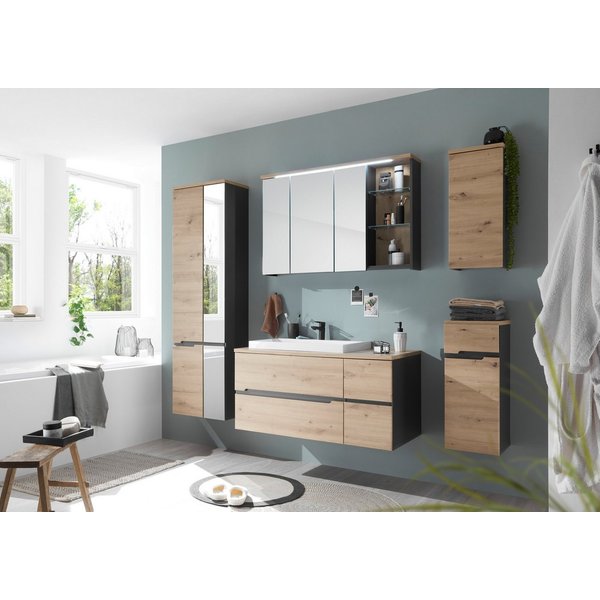 PREISBRECHER Badezimmer-Set Memphis, (Hängeschrank), (5-tlg) Grau / Artisan Eiche Dekor - 230x176x53 (BxHxT)