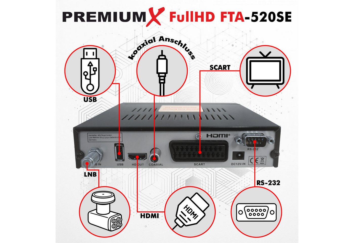PremiumX HD 520SE-B FTA Digital SAT Receiver DVB-S2 HDMI SCART Antennenkabel SAT-Receiver – Bild 5 von 5