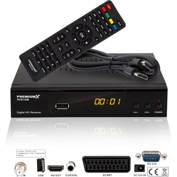 PremiumX HD 521 B FTA Digital SAT Receiver DVB-S2 HDMI SCART USB 12V FullHD SAT-Receiver