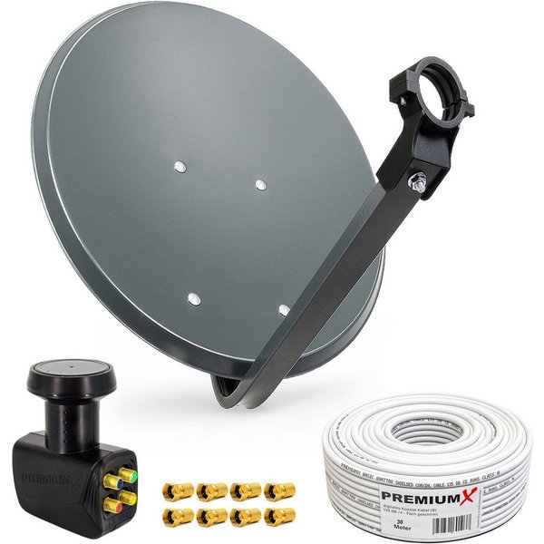 PremiumX SAT Anlage 80cm Antenne Quad LNB 30m Kabel 8x F-Stecker SAT-Antenne