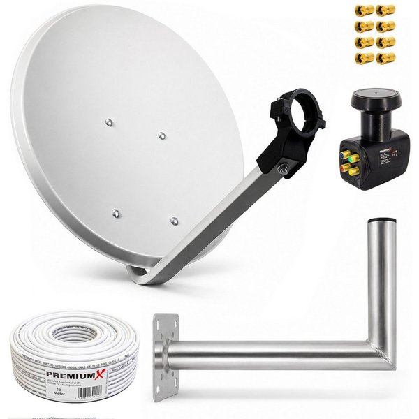 PremiumX SAT Anlage 80cm Antenne Quad LNB 50m Kabel Wandhalter 45cm SAT-Antenne